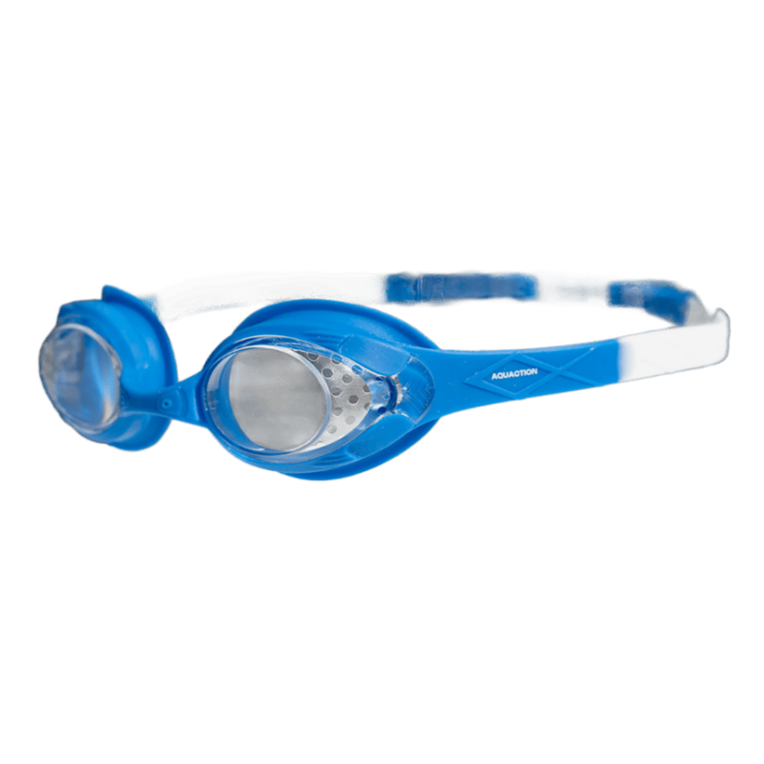 Sini-valkoiset AquaKids lasten uimalasit kirkkaalla linssillä.