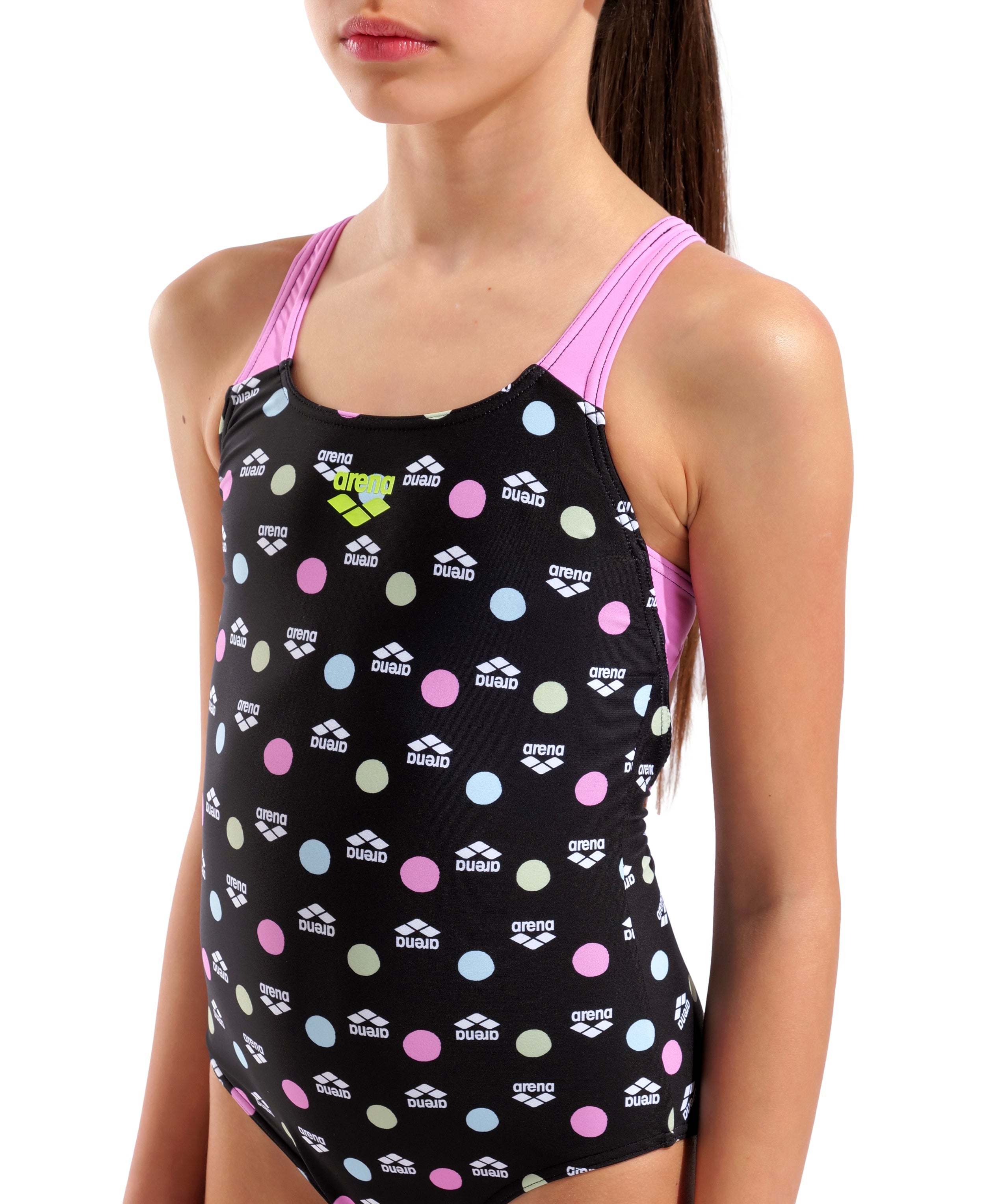 Multiple Dot Swim Pro Back L girls' swimsuit, black-pink