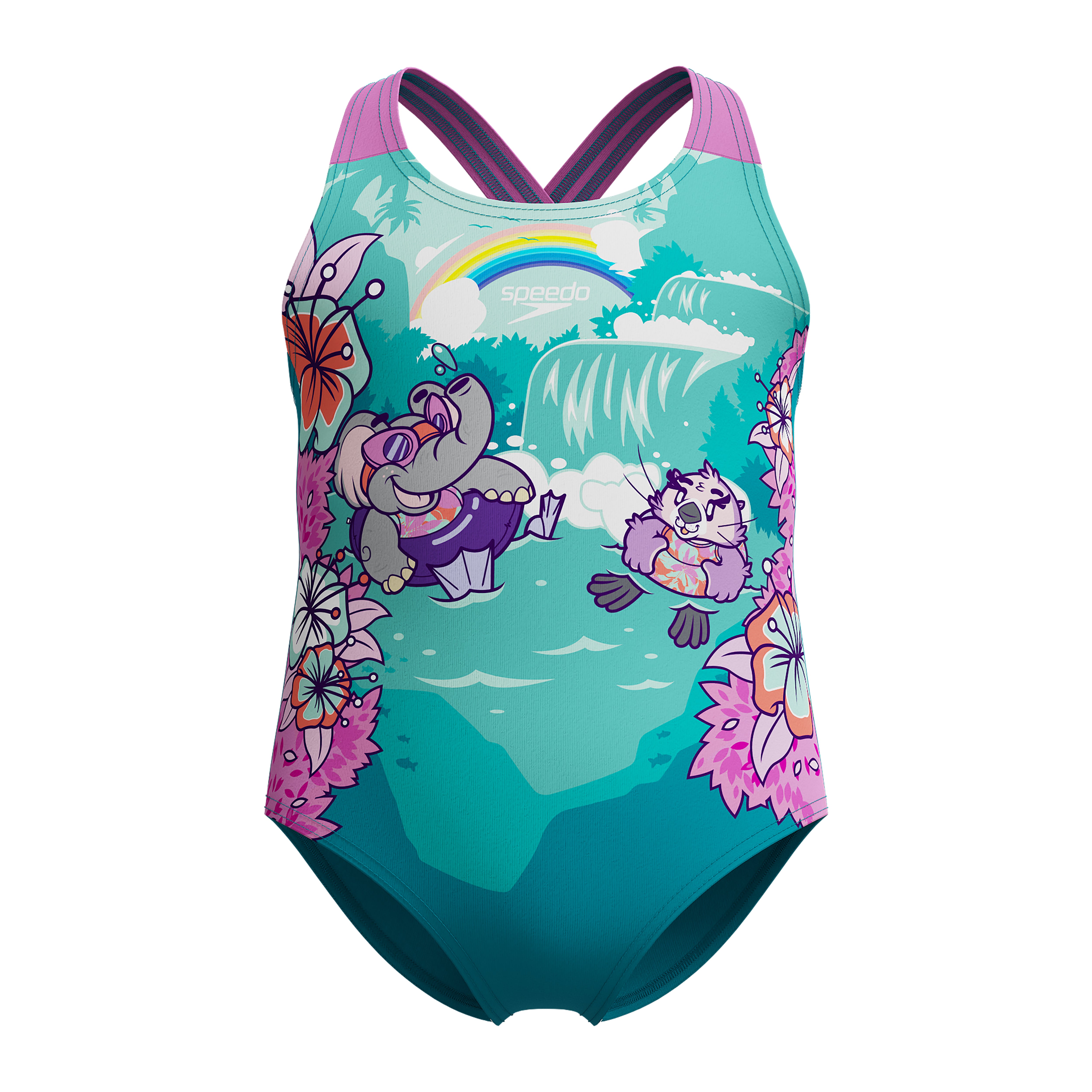 Printed Crossback tyttöjen uimapuku, turkoosi-violetti