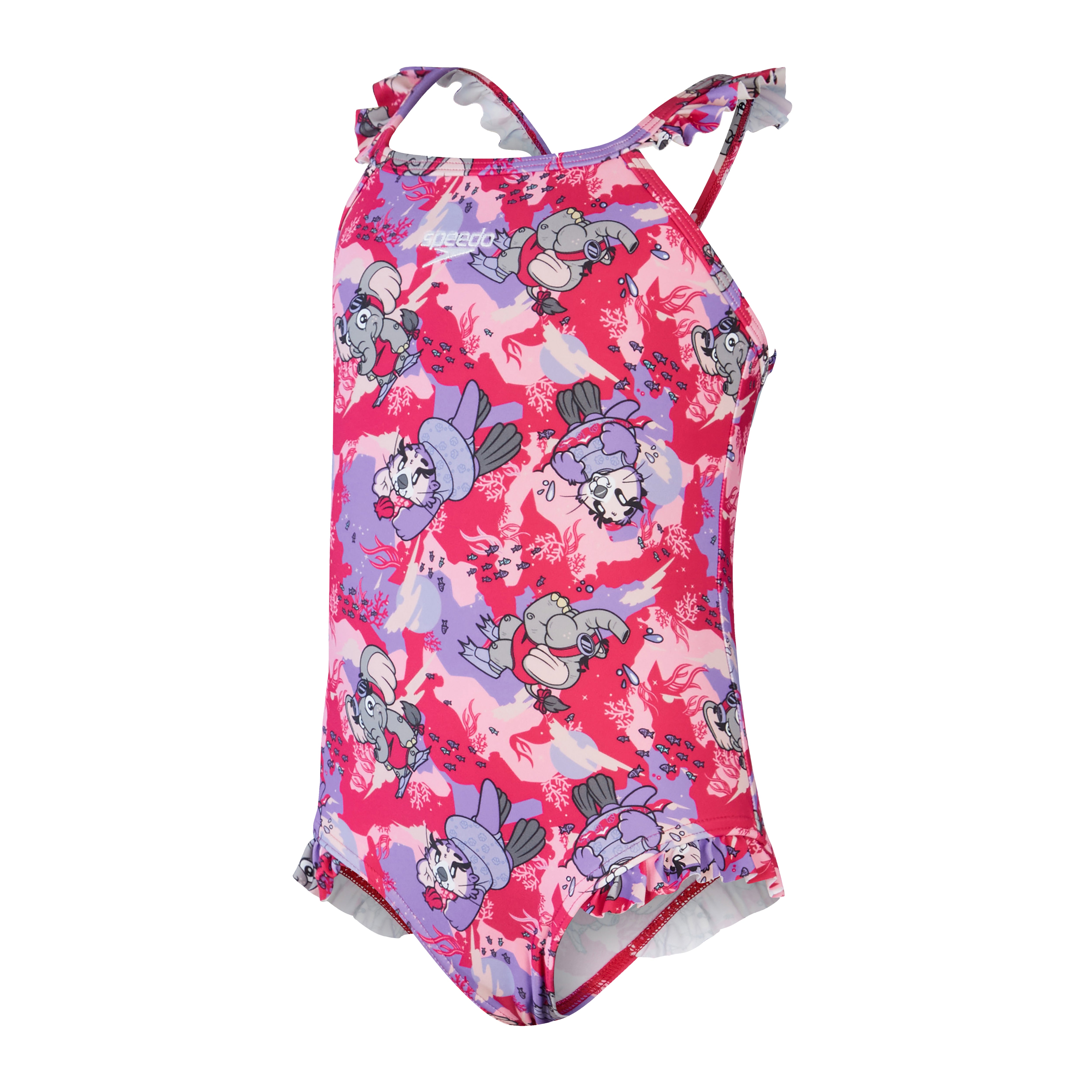 Printed Frill Thinstrap tyttöjen uimapuku, pinkki-violetti