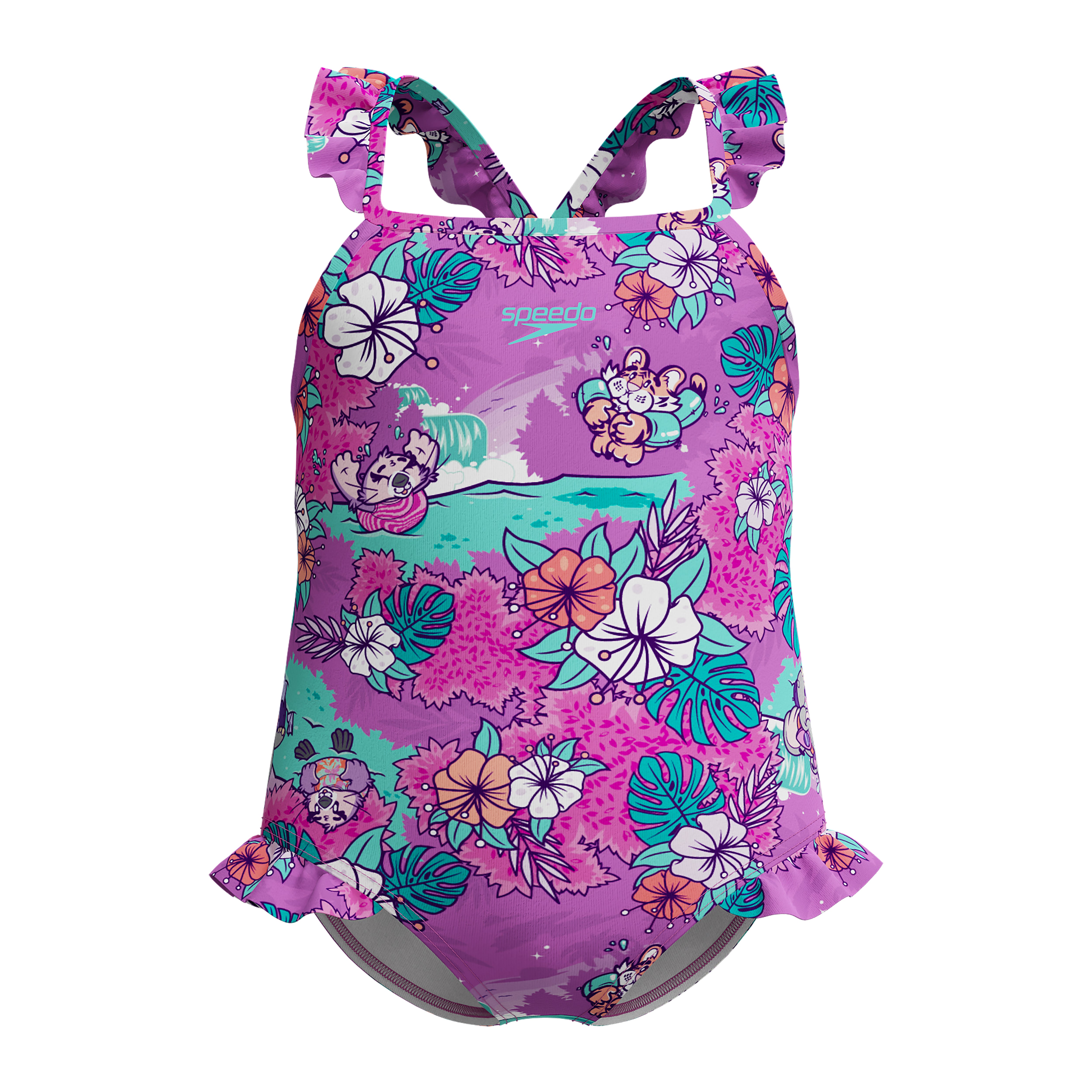 Printed Frill Thinstrap tyttöjen uimapuku, violetti-turkoosi