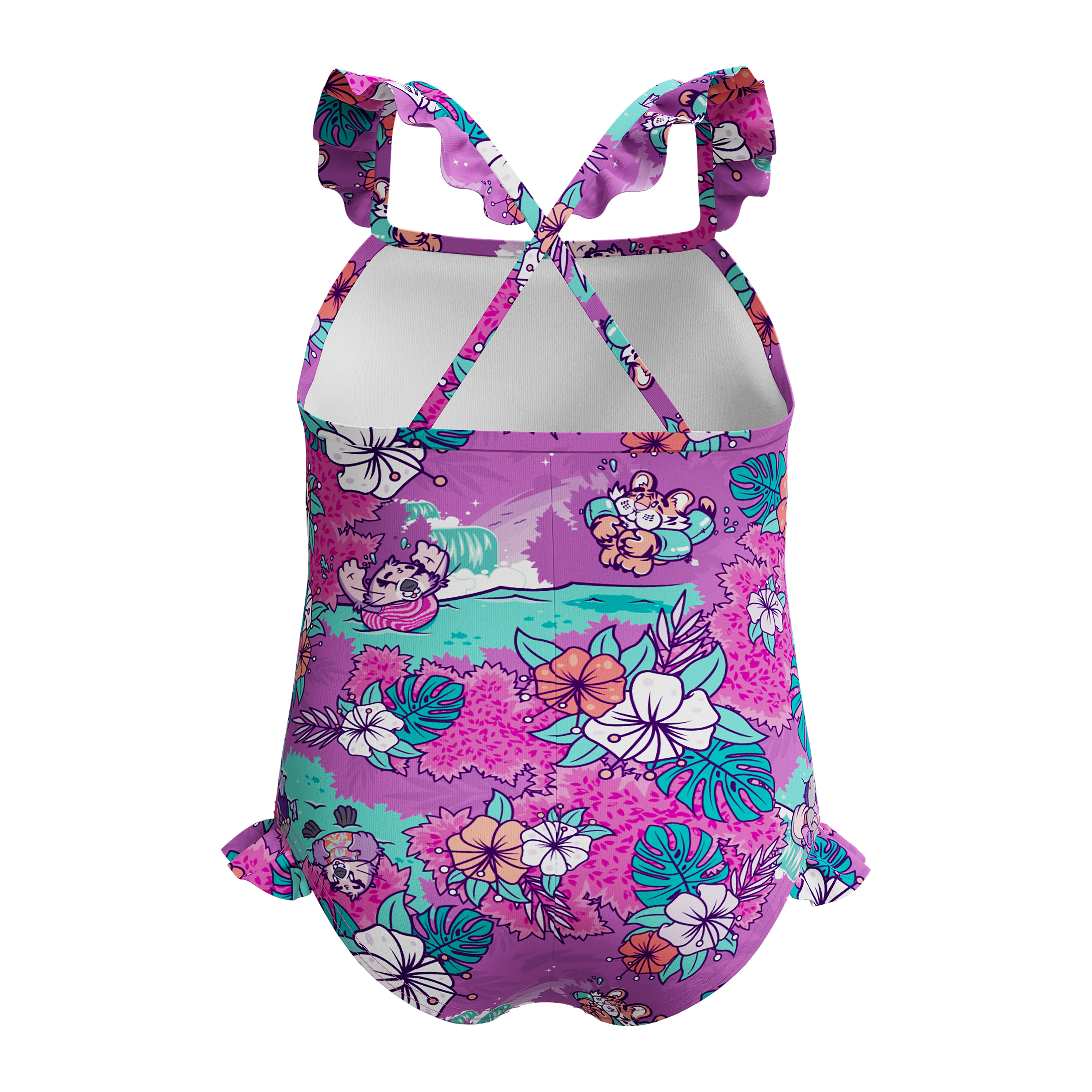 Printed Frill Thinstrap tyttöjen uimapuku, violetti-turkoosi