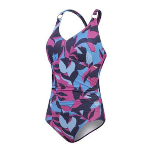 Shaping Printed V Neck plus-size women's swimsuit, blue-purple