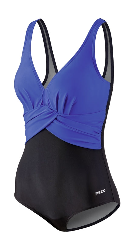 Draped D-cup women's swimsuit, blue-black