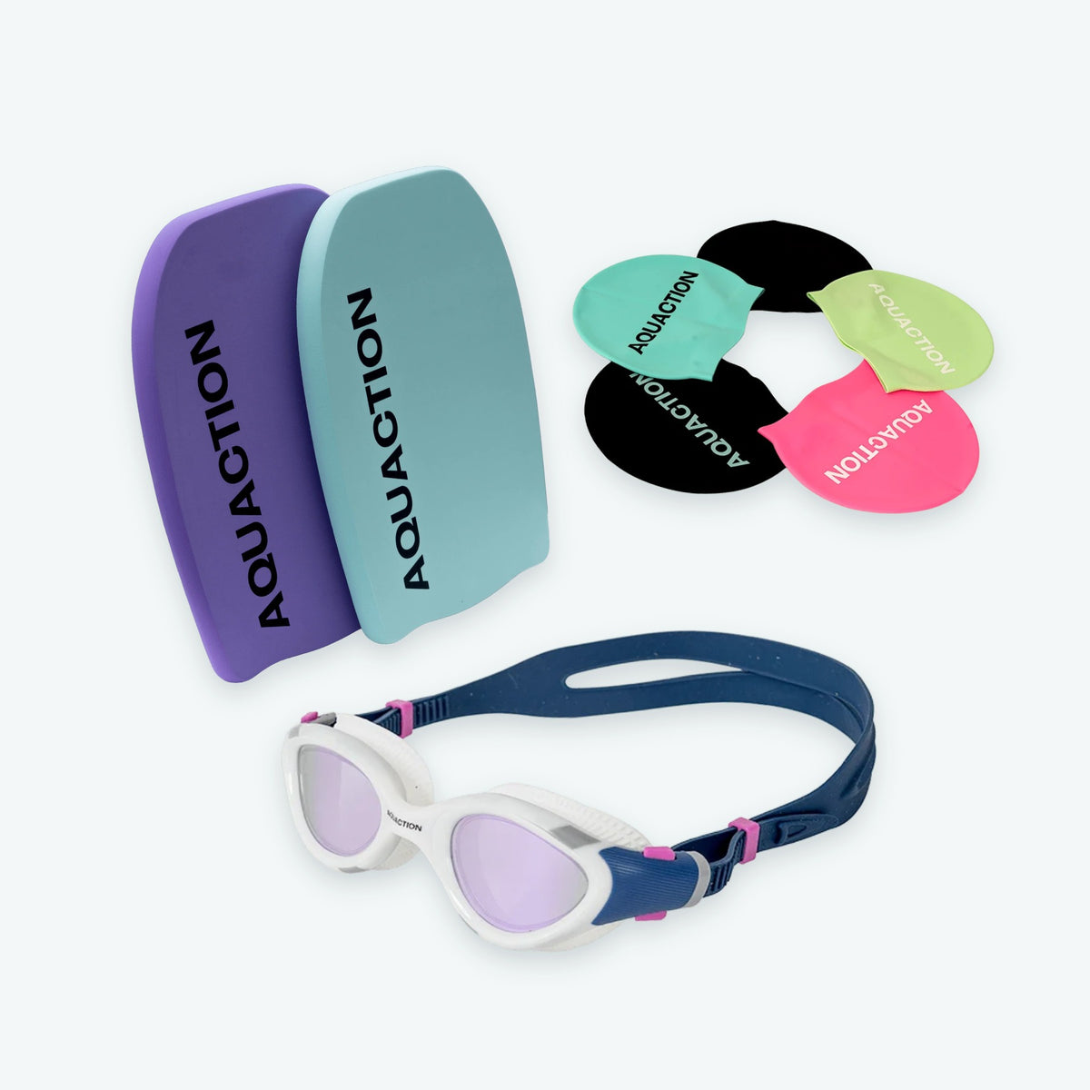 Aquaction Aloittajan setti: AquaCore 2.0 Mirror uimalasit sini-violetti, uimalakki ja Aqua Kickboard 2.0 uimalauta