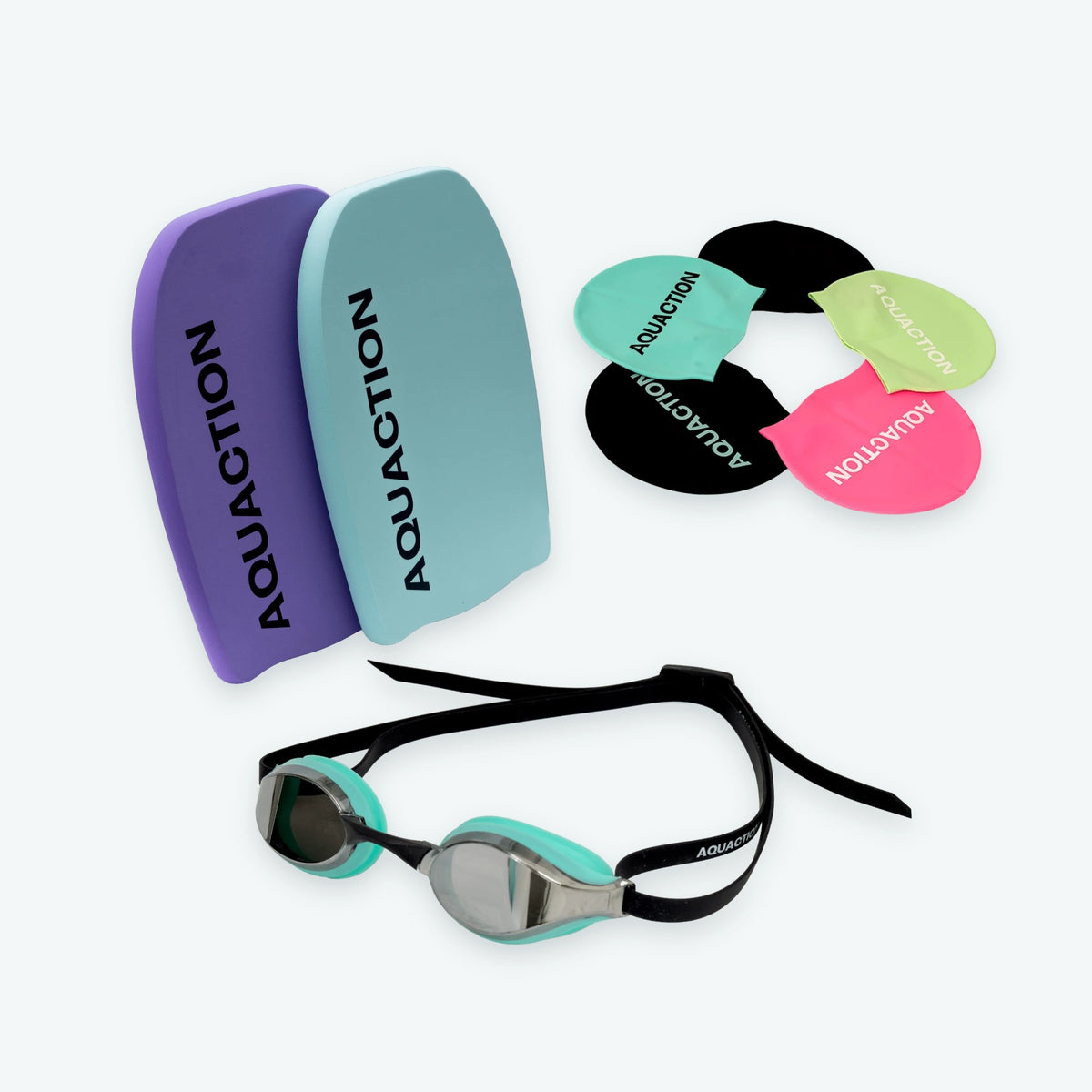 Aquaction Aloittajan setti: AquaPulse Mirror uimalasit hopea-minttu, uimalakki ja Aqua Kickboard 2.0 uimalauta