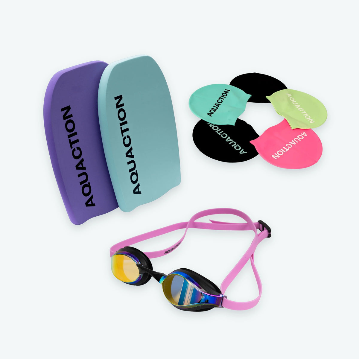 Aquaction Aloittajan setti: AquaPulse Mirror uimalasit kulta-pinkki, uimalakki ja Aqua Kickboard 2.0 uimalauta