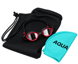 Aquaction Aloittajan setti - AquaCore 2.0 Mirror uimalasit hopea-punainen, uimalakki & varustekassiAquaction