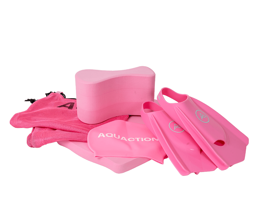 Aquaction Product Package, Pink - Fins, Kickboard, Pull Buoy, Swim Cap & Mesh Bag
