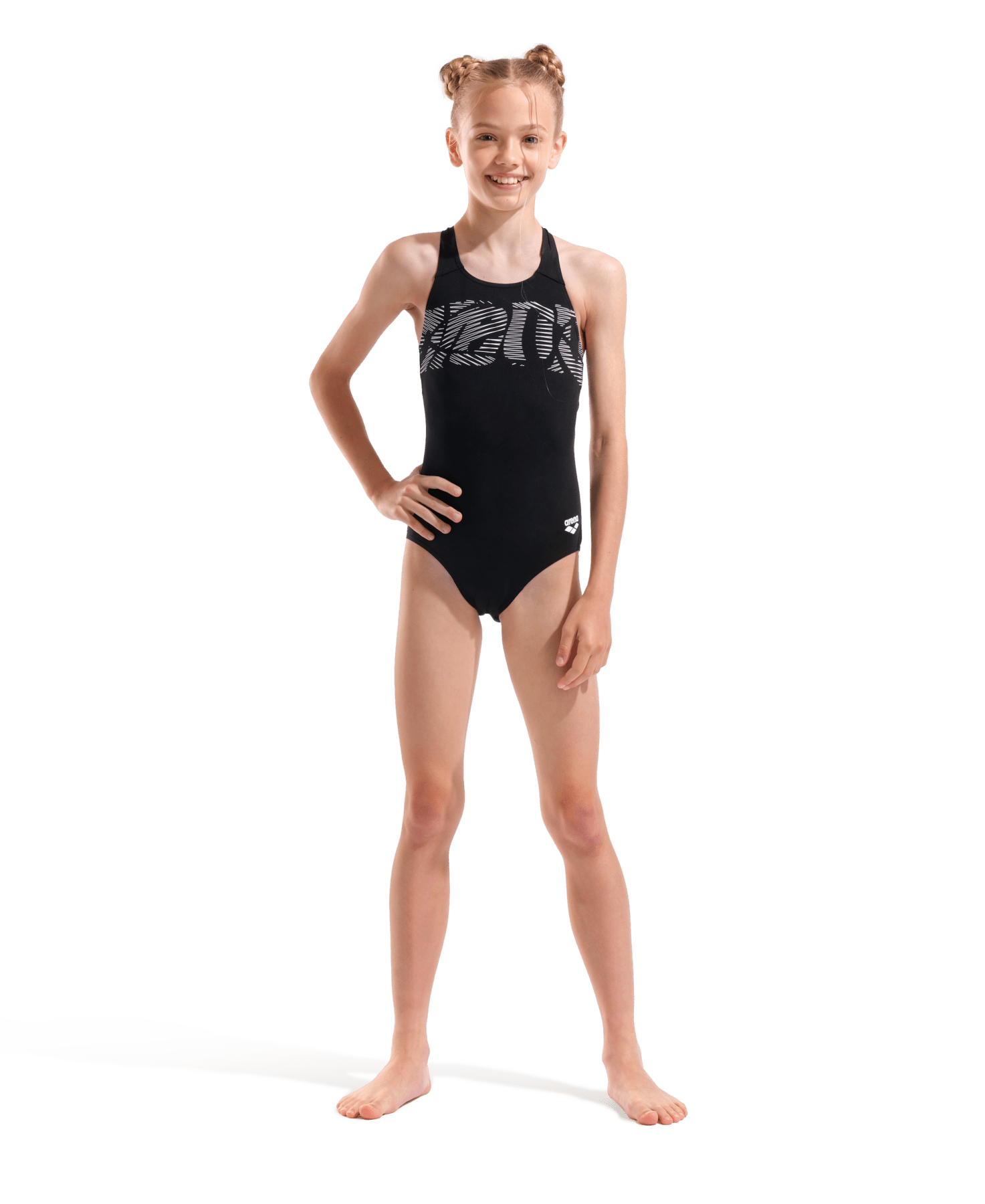 Graphic V Back Tyttöjen Uimapuku, Musta - ValkoinenArena