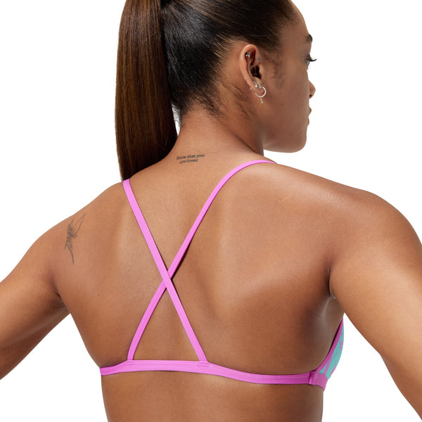 Allover Digital Cross Back Crop Top naisten bikiniyläosa, pinkki-turkoosi