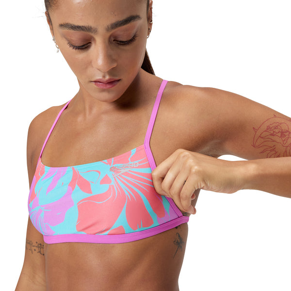 Allover Digital Cross Back Crop Top naisten bikiniyläosa, pinkki-turkoosi