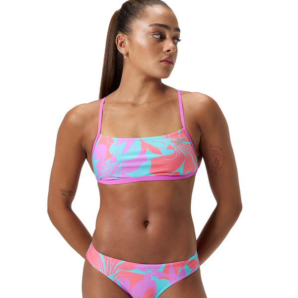 Allover Digital Cross Back Crop Top naisten bikiniyläosa, pinkki-turkoosi