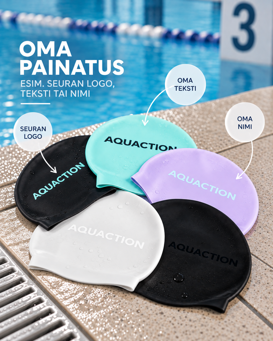 Swimming caps with your own logo in five different colors