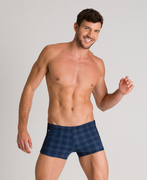 Checks men's swim trunks, blue