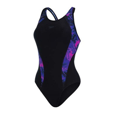 Allover Panel Laneback women's swimsuit, black-purple