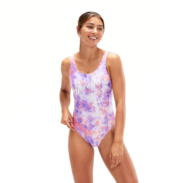 Printed Logo Deep U-Back Women's Swimsuit, Lilac