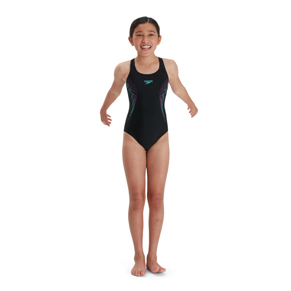 Plastisol Placement Muscleback girls swimsuit, black