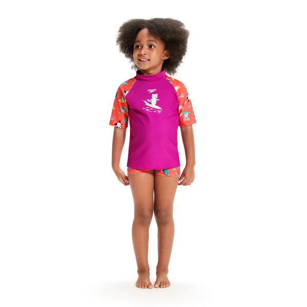 Digital Short Sleeve Rash Top Set children's swimwear, red-orange