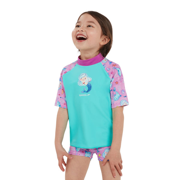 Children's short-sleeved swimsuit, turquoise-pink